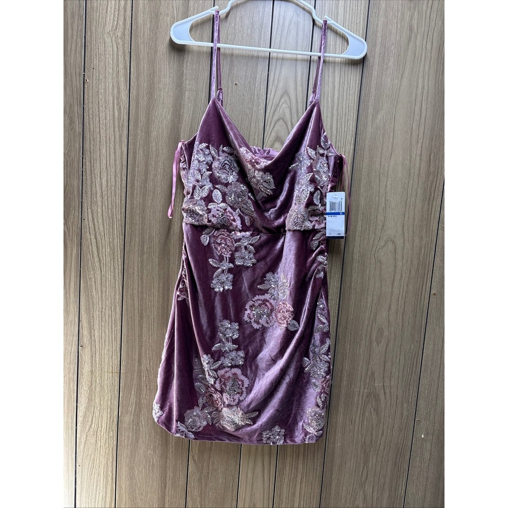 Seni & Cade Mauve Velvet Sequin Floral Mini Dress Cowl Neck XL adjustable strap